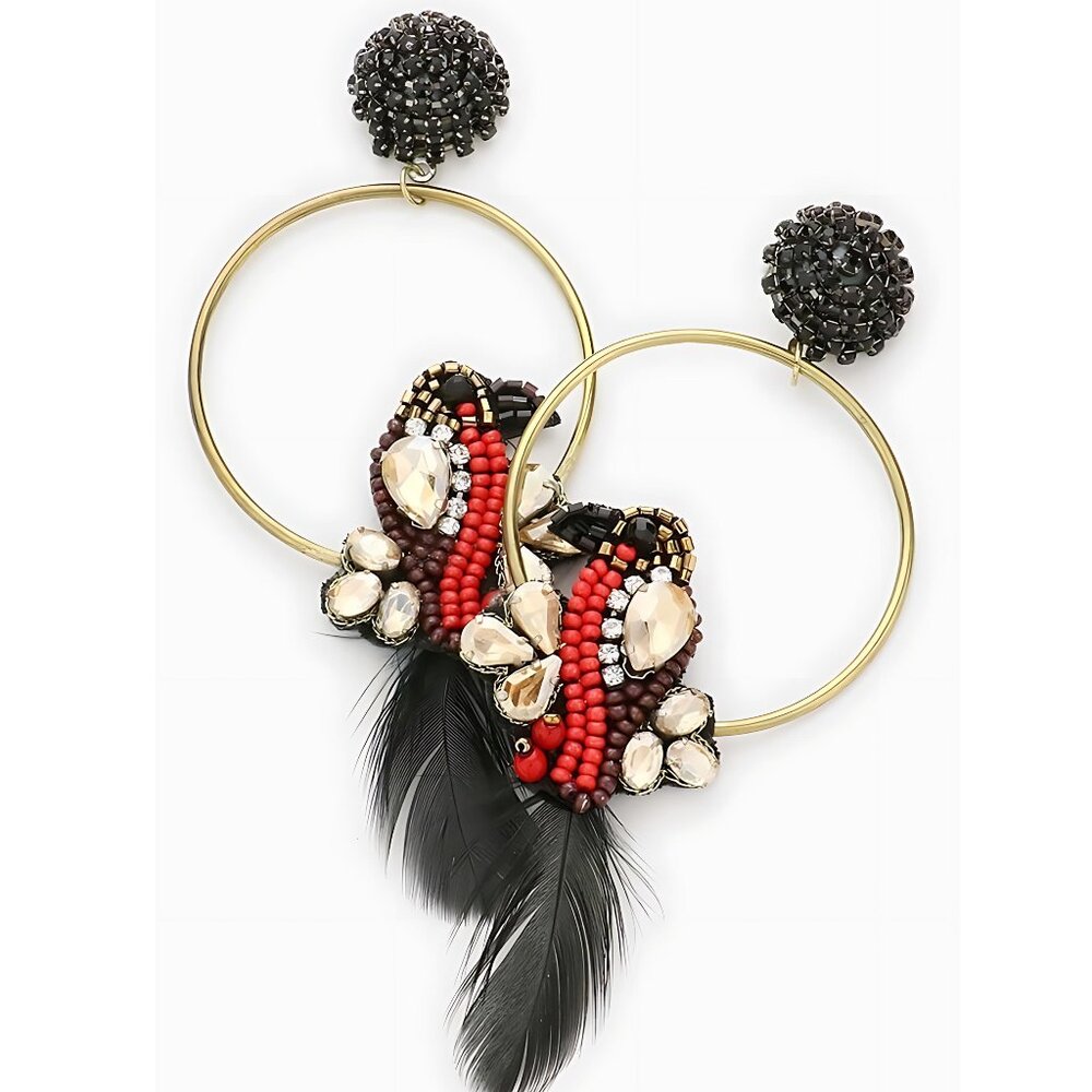 Parrot on a Perch Austrian Crystal Beaded Feather Hoop Earrings